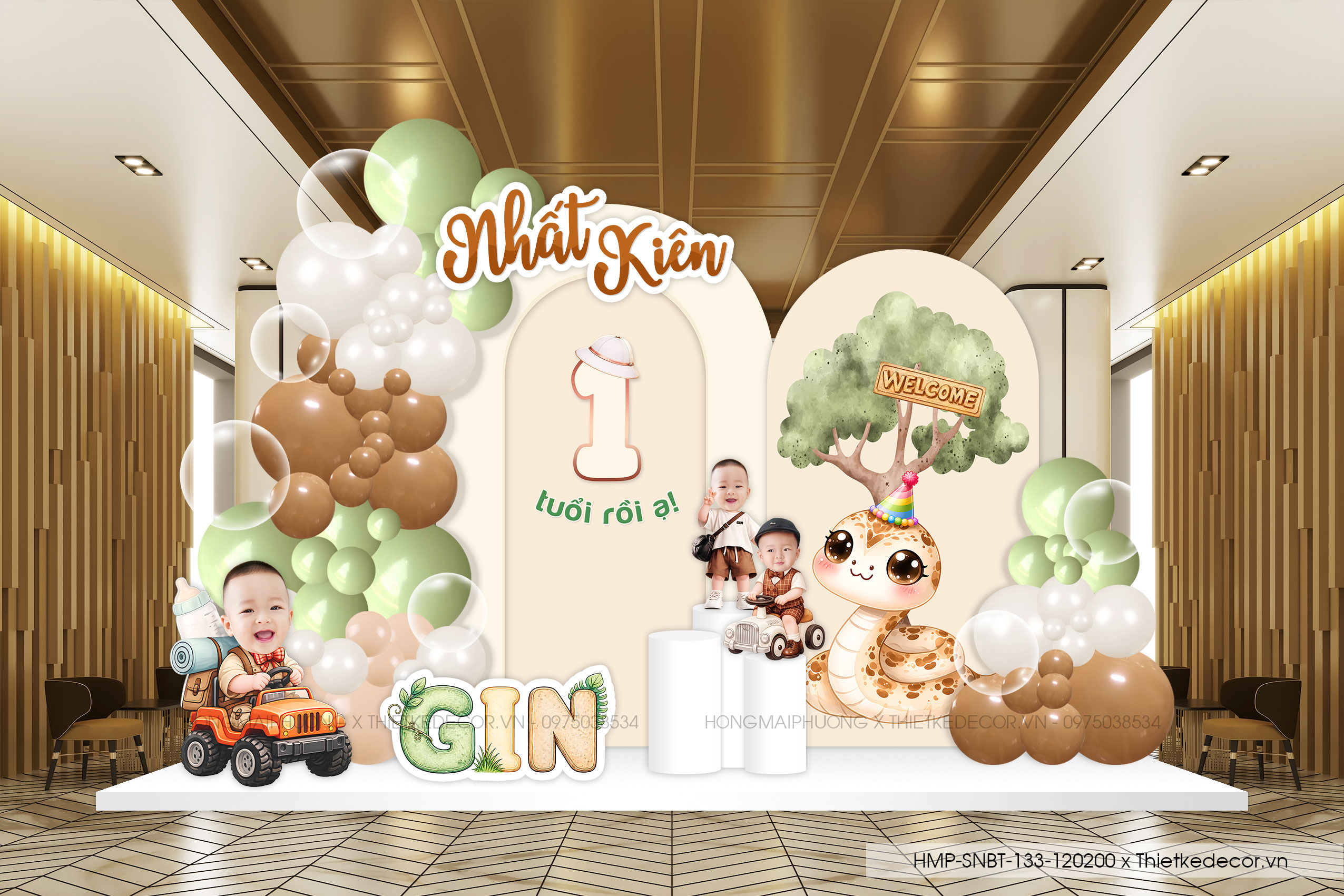 File thiết kế decor trang trí tiệc sinh nhật bé trai tuổi Rắn - Tỵ, Chủ đề muôn thú Safari mix bong bóng cute dễ thương đáng yêu tone xanh lá - nâu